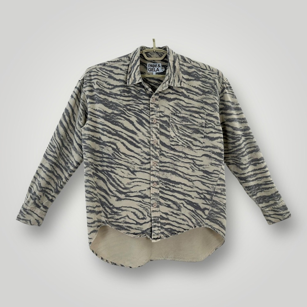 Pam & Gela Shirt Womens Small Beige Zebra Print Button Front Tunic Top Lyocell‎